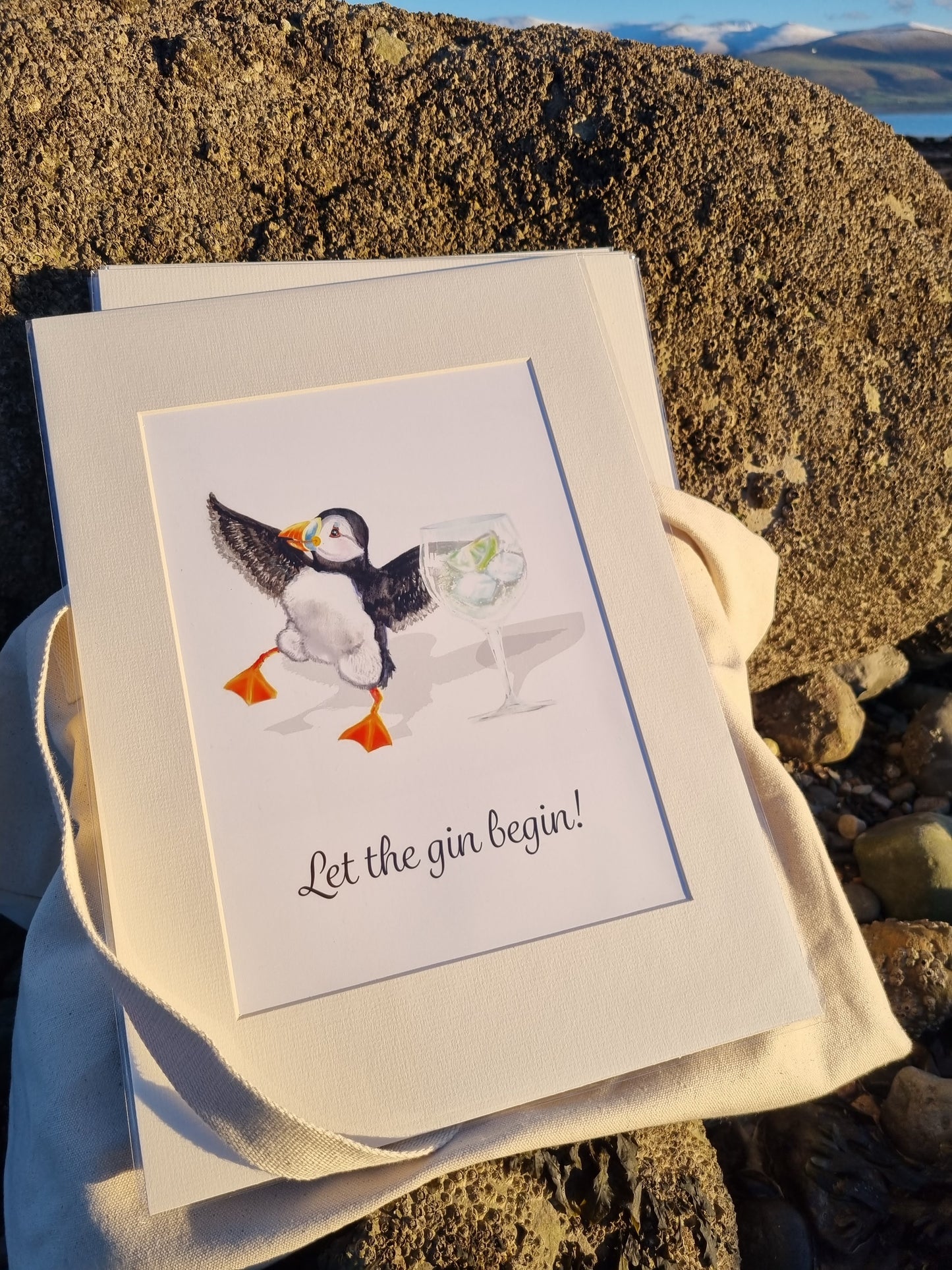 Mounted Let The Gin Begin Puffin Print