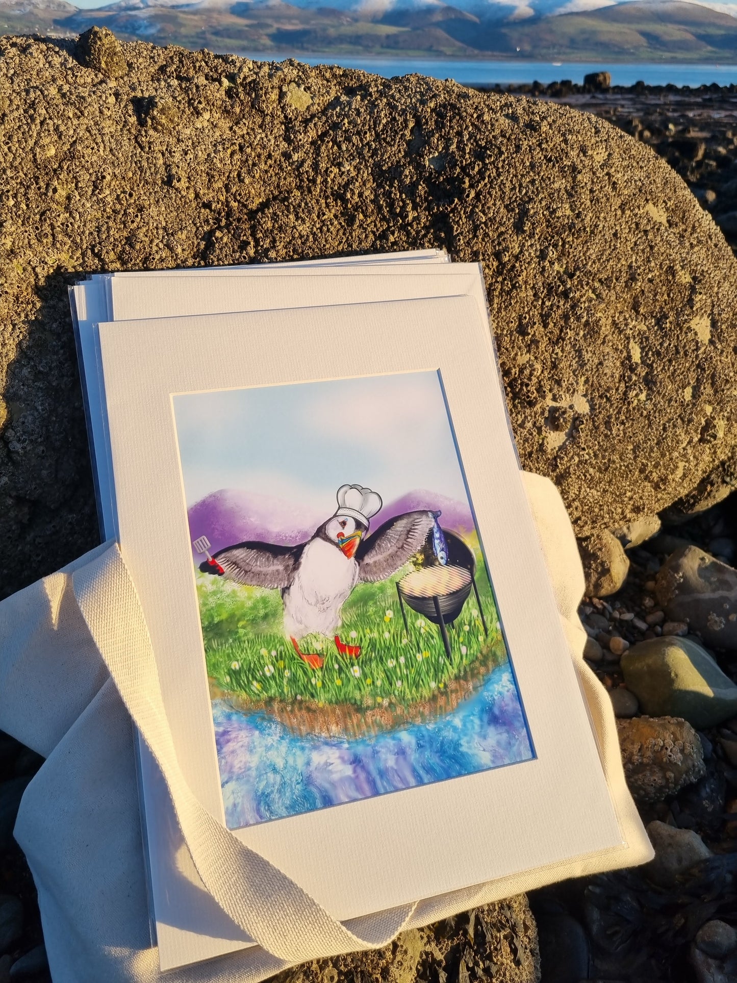 Mounted art print of a puffin cooking a fish on a barbecue, quirky coastal kitchen or summer BBQ decor.