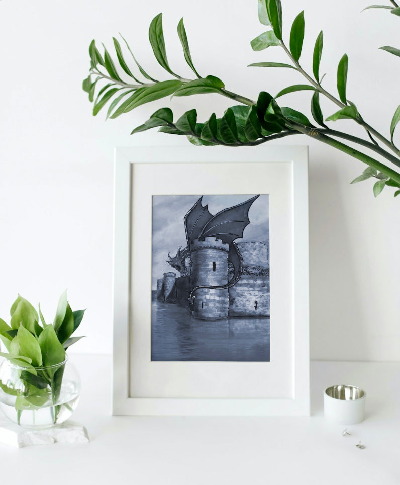 Mounted Welsh Dragon Castle Print in Greyscale