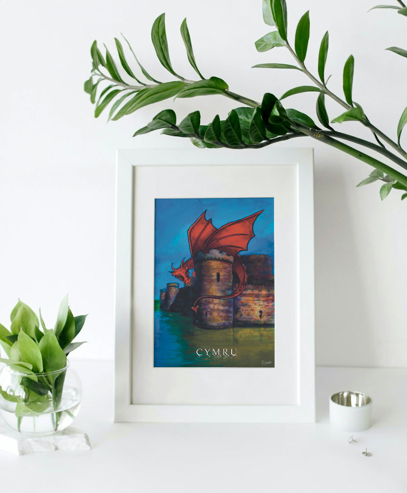 Mounted Welsh Dragon ‘Cymru’ text Castle Print