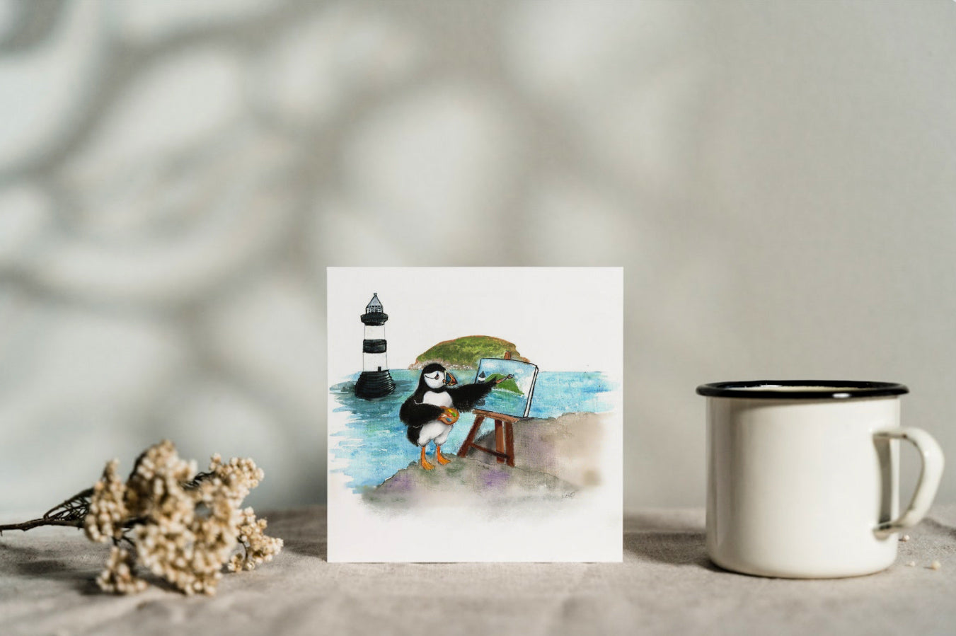 puffin island greeting card painting artist penmon lighthouse sea canvas paint art wildlife bird cliff island anglesey