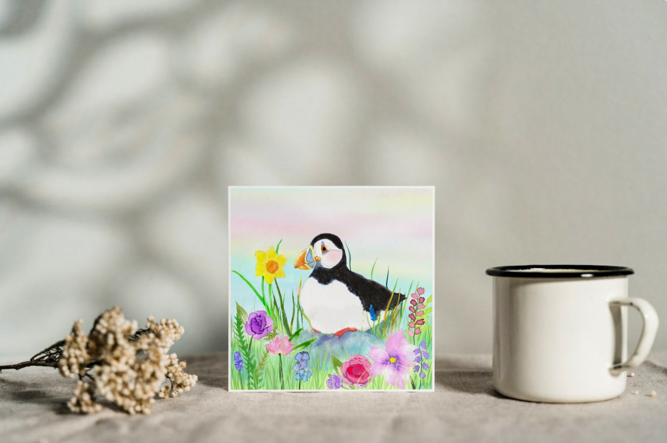 puffin flower greeting card birthday flowers daffodil bird wildlife anglesey art artist