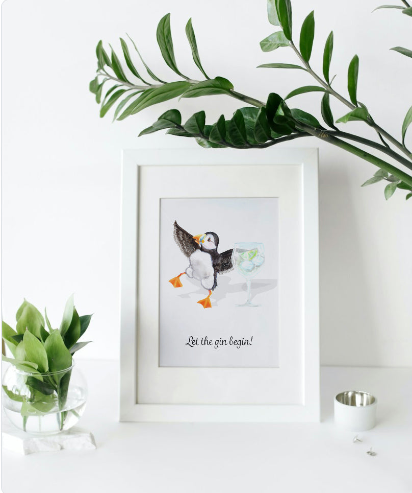 Mounted Let The Gin Begin Puffin Print