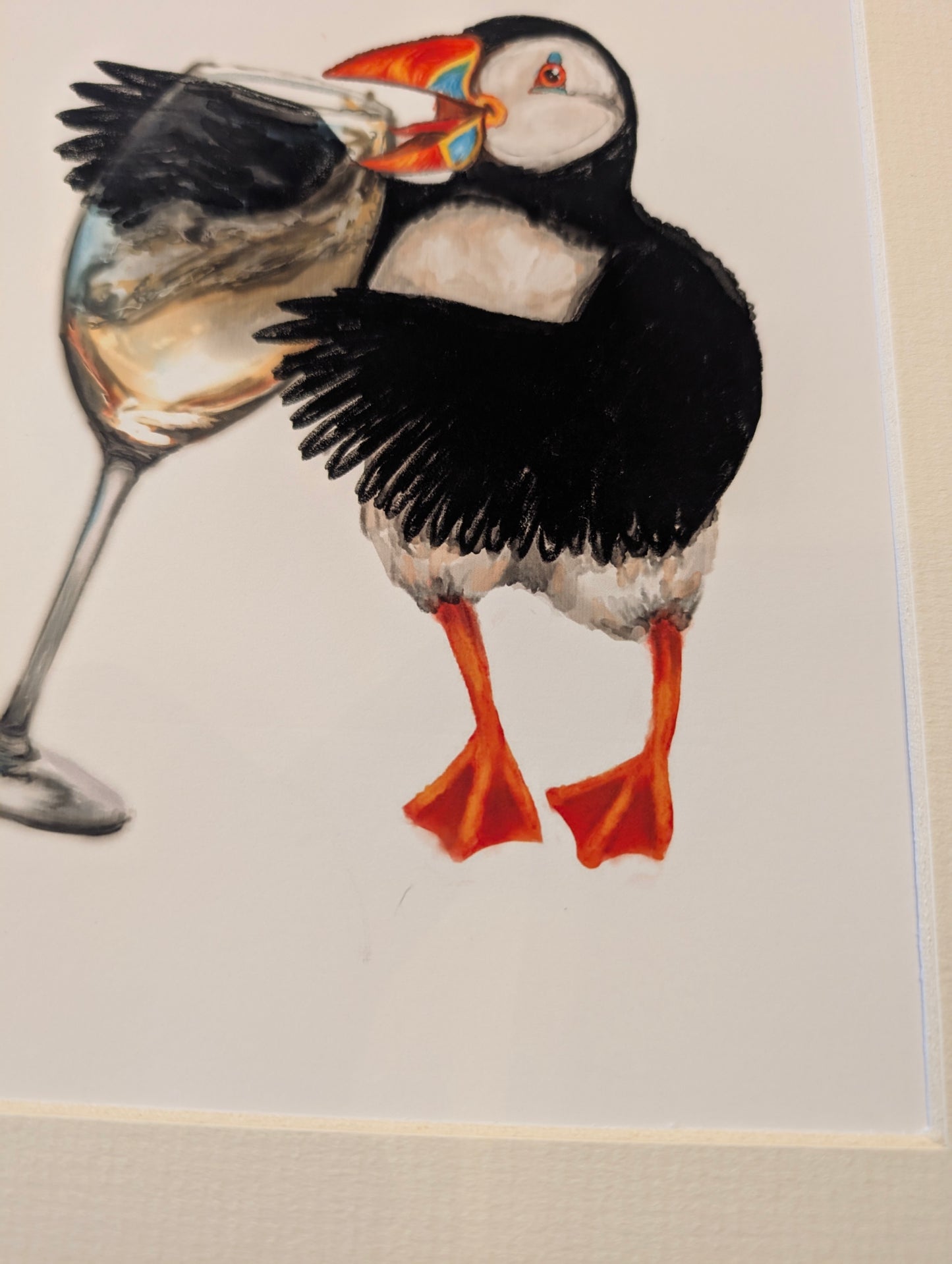 Alternative angle of Mixed media illustration of puffin drinking white wine from a glass, part of whimsical wine-themed puffin print collection.
