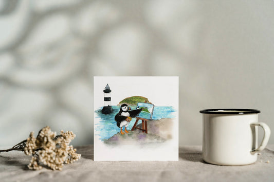 puffin island greeting card painting artist penmon lighthouse sea canvas paint art wildlife bird cliff island anglesey 