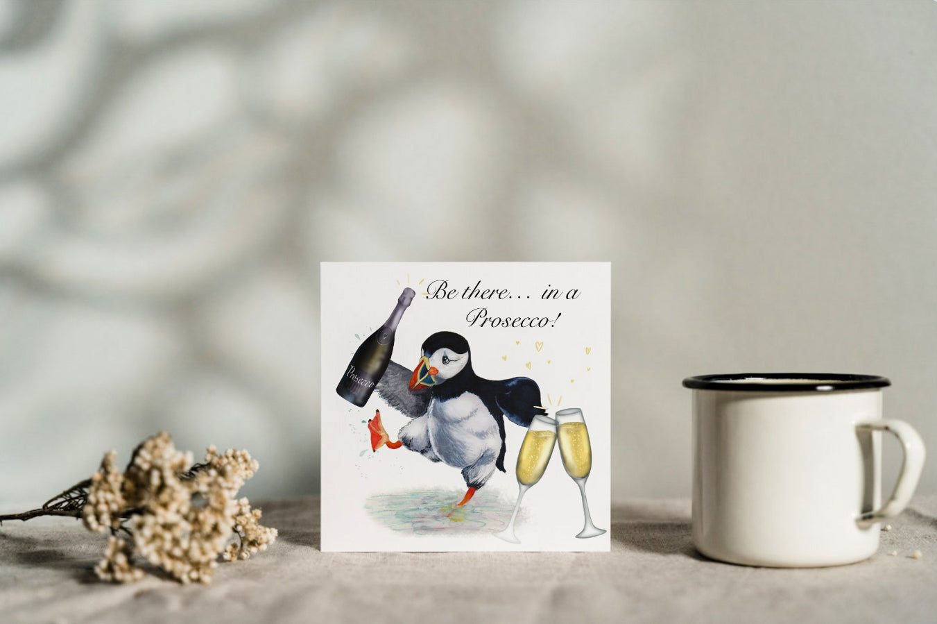 puffin prosecco birthday greeting card bottle bird glasses art wildlife bird artist celebration 