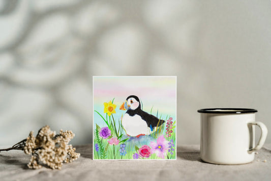 puffin flower greeting card birthday flowers daffodil bird wildlife anglesey art artist