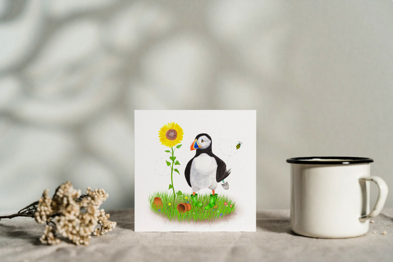 puffin gardening greeting card birthday garden bird sunflower grass wellies wellingtons bee art artist flower pots anglesey bird
