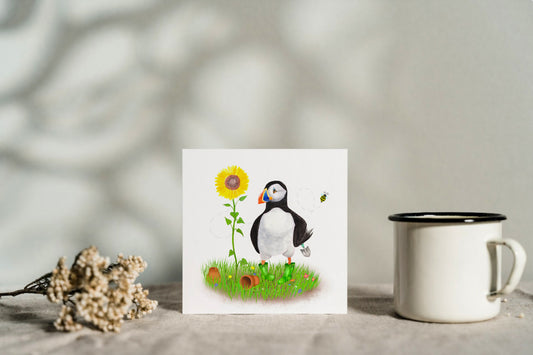 puffin gardening greeting card birthday garden bird sunflower grass wellies wellingtons bee art artist flower pots anglesey bird