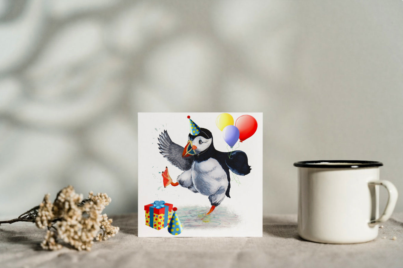 puffin birthday card party balloons bird presents greeting card art artist wildlife anglesey
