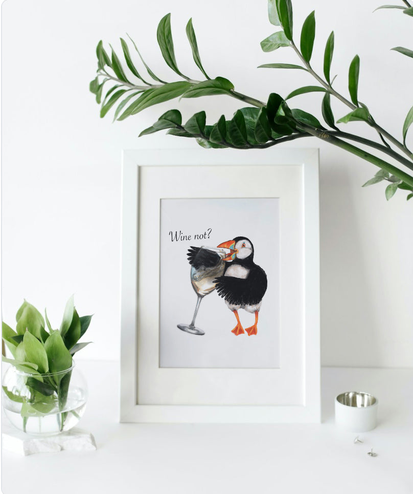 Mounted Wine Not Puffin Print (White Wine)