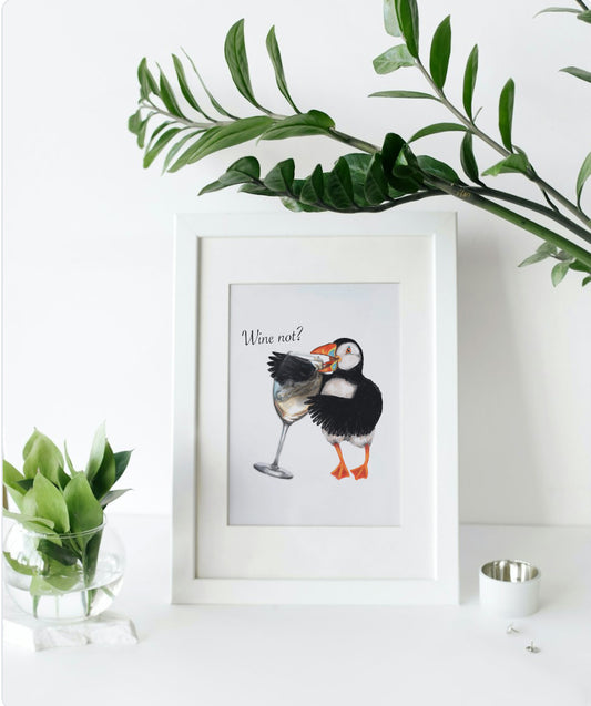 Mounted Wine Not Puffin Print (White Wine)
