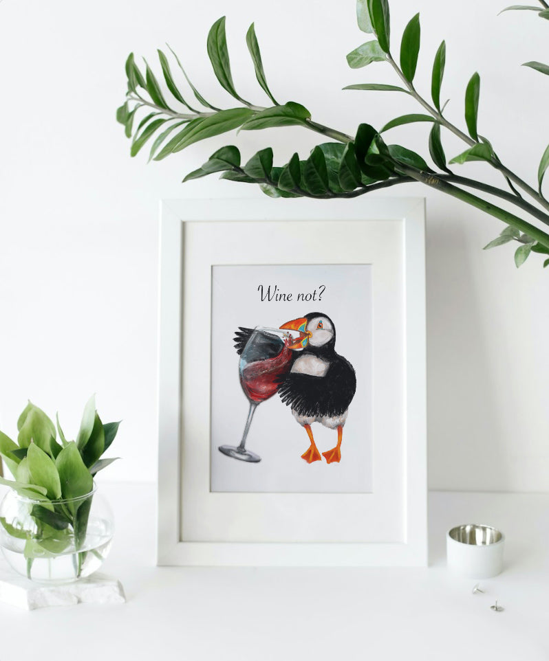 Mounted Wine Not Puffin Print (Red Wine)
