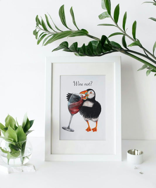 Mounted Wine Not Puffin Print (Red Wine)